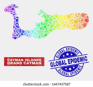 Tools Grand Cayman Island map and blue Global Epidemic grunge watermark. Spectrum gradient vector Grand Cayman Island map mosaic of tools items. Blue round Global Epidemic stamp.