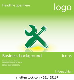 Tools, green business background with space for text, vector illustration