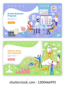 Tools to grow business and create proposal webpages vector. Peoples on meeting. Teamwork and brainstorming, income increase and development website template, landing page in flat