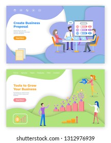 Tools to grow business vector, create project, website or webpage template, landing page flat style. People working on conference woman watering money plant