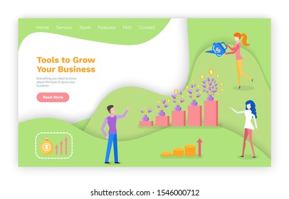 Tools to grow business web page, finance strategy and investment progress. Woman showering money plant, rising up steps and arrow, bag with dollars vector