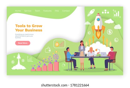 Tools to grow your business landing page template. Management team develops solutions for business growth, teamwork in company. Vector growth and startup concept in flat style, ifographic signs