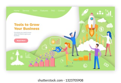 Tools grow your business website, green investment homepage with money, dollar and euro icons. Web page with diagrams and spaceship flat style vector