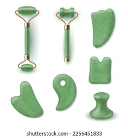 Tools for Gua Sha massage facial lifting muscles cosmetology procedure set realistic vector illustration. Face skin wrinkles cosmetic green quartz scarper anti aging relaxation treatment accessory