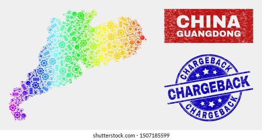 Tools Guangdong Province map and blue Chargeback distress seal. Colorful gradiented vector Guangdong Province map mosaic of tools units. Blue rounded Chargeback rubber.