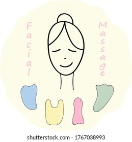 Herramientas para el masaje guasha. Vector con rascacielos faciales de masaje. Cara de mujer. procedimiento de spa. Cara y cuidado corporal.