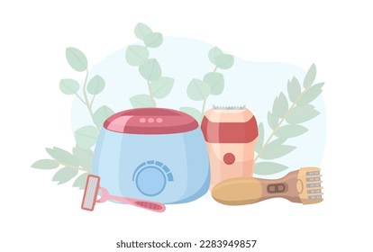 Tools for hair removal flat style, vector illustration isolated on white background. Shave, epilator and container for heating wax, decorative design element, beauty
