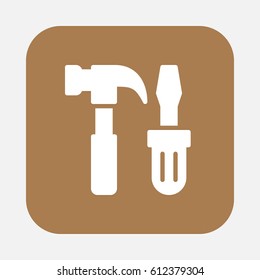 Tools, hammer and screwdriver flat icon, filled vector sign, colorful pictogram on rounded square button isolated on white. Service symbol, logo illustration. Flat design, pixel perfect
