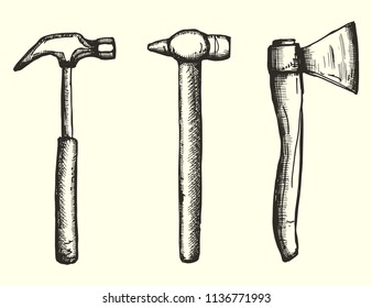 tools hammers and ax set drawing a handmade monochrome vector. isolated