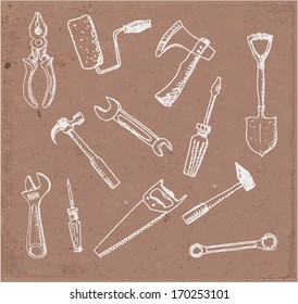 Tools hand drawn on brown paper. Vector illustration.
