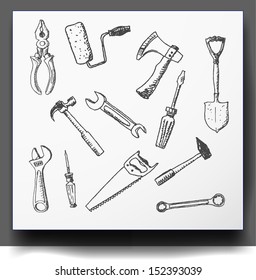 Tools hand drawn in sketchy style isolated on white. Vector illustration.