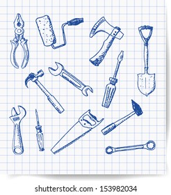 Handgezeichnete Werkzeuge im skizzenhaften Stil. Vektorgrafik.