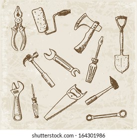 Tools hand drawn in sketchy vintage style. Retro vector illustration. 
