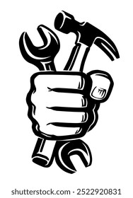 Tools in hand. Fist holding hammer and wrench. Repair service, construction work vector illustration