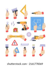 Tools hands holding. Professional equipment for workers tools for constructions hammer saw nails garish vector cartoon set isolated