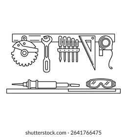Tools hanging on a wall isolated on white background