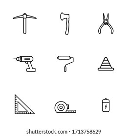 Los iconos Herramientas y hardware definen el estilo de esquema para su diseño. como el pickaxe,el hacha,los alicates,el taladro,el rodillo de pintura,la construcción del cono,la medida,la cinta,