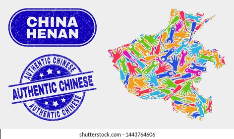 Tools Henan Province map and blue Authentic Chinese distress stamp. Colored vector Henan Province map mosaic of productivity units. Blue rounded Authentic Chinese seal.