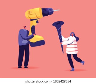 Tools for Home Repair, Building and Construction Works Concept. Tiny Male and Female Characters Holding Huge Drill and Screw. Carpenters Repairman Builder Equipment. Cartoon People Vector Illustration svg
