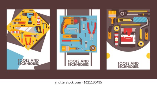 Tools for home repair, set of banners, vector illustration. Equipment icons in flat style. Building, reconstruction and maintenance tools. Hardware store booklet cover, repair service brochure design