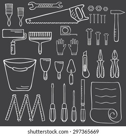 Tools for home repair. Vector illustration of Construction Equipment hand drawn sketches.