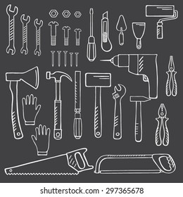 Tools for home repair. Vector illustration of Construction Equipment hand drawn sketches.