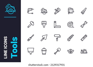 Tools for home repair works icons set vector illustration. Instruments for fixing things line icon. Homebuilding, construction and renovation concept