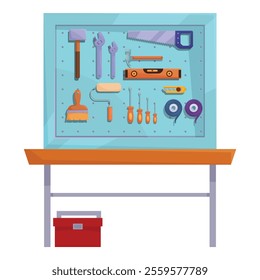 Tools for house repair hanging on a pegboard over a workbench