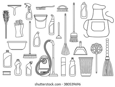 Tools of housecleaning. Vector black and white outline