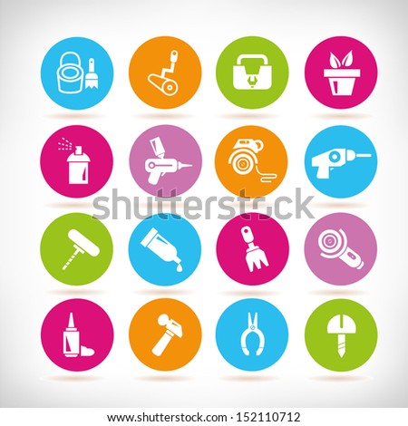 tools and household icons, round button set