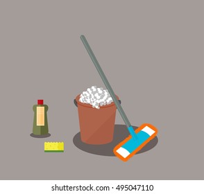Tools for housekeeping: a brown bucket with soapy foam, MOP with grey handle and orange cloth, green bottle of detergent with a red cover, yellow sponge. Vector illustration. Cleaning
