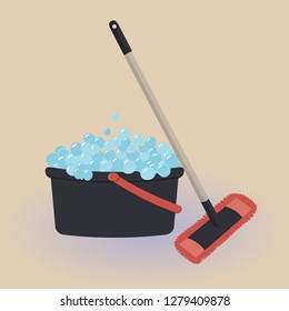 Tools for housekeeping: a cute brown bucket with soapy foam, MOP with grey handle and coral cloth. Vector illustration