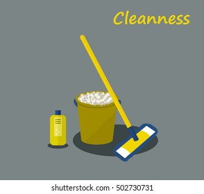 Tools for housekeeping: a green bucket with soapy foam, MOP with yellow handle and blue cloth and green bottle of detergent with a blue cover. Vector illustration 