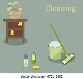 Tools for housekeeping: a green bucket with soapy foam, MOP with handle and cloth, bottles of detergent with covers, sprays and a yellow sponge, a squeegee, a table. Vector illustration. Cleaning 