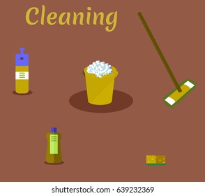 Tools for housekeeping: a mustard bucket with soapy foam, MOP with handle and cloth, bottle of detergent with a blue cover, spray and sponge. Vector illustration. Cleaning 