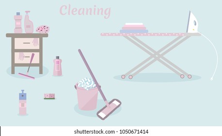 Tools for housekeeping: a pink bucket with soapy foam, MOP, bottles of detergent, sprays and a sponge, a squeegee, a table, an iron, a ironing board. Vector illustration. Cleaning 