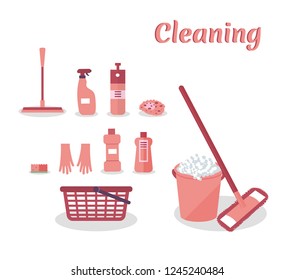 Tools for housekeeping: a pink bucket with soapy foam, MOP with handle and cloth, bottles of detergent with covers, sprays and a sponge, a squeegee, a basket. Vector illustration. Cleaning