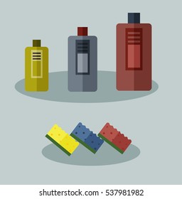 Tools for housekeeping: three bottles of detergent. Colorful yellow, blue and red sponges.Vector illustration 