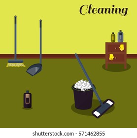 Tools for housekeeping: a violet bucket with soapy foam, MOP with dark blue handle and cloth and bottle of detergent with cover. Brown bedside table. Brush and dustpan. Vector illustration 