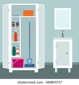 Tools for housework Vector illustration Tools for housework in the white cupboard in the bathroom Flat design