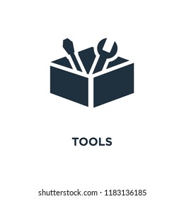 Tools icon. Black filled vector illustration. Tools symbol on white background. Can be used in web and mobile.