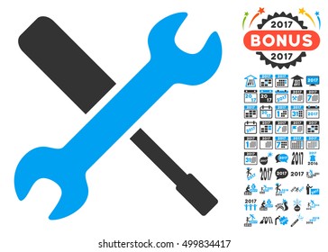 Tools icon with bonus 2017 new year pictures. Vector illustration style is flat iconic symbols, blue and gray colors, white background.