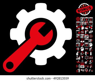 Tools icon with bonus calendar and time management pictograph collection. Vector illustration style is flat iconic bicolor symbols, red and white colors, black background.