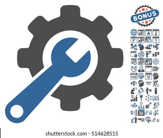 Tools icon with bonus calendar and time management images. Vector illustration style is flat iconic bicolor symbols, cobalt and gray colors, white background.