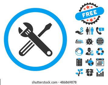 Tools icon with bonus clip art. Vector illustration style is flat iconic bicolor symbols, blue and gray colors, white background.