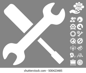 Tools icon with bonus configuration images. Vector illustration style is flat iconic symbols, white color, gray background.