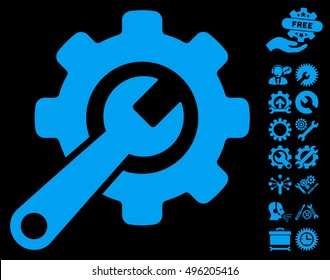 Tools icon with bonus tools design elements. Vector illustration style is flat iconic symbols, blue color, black background.