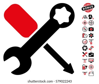 Tools icon with bonus flying drone service icon set. Vector illustration style is flat iconic intensive red and black symbols on white background.
