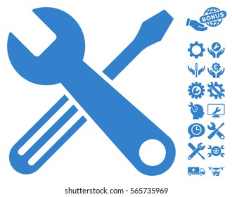 Tools icon with bonus tools graphic icons. Vector illustration style is flat iconic cobalt symbols on white background.