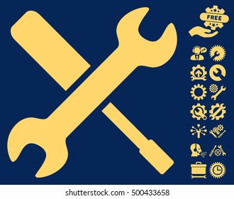 Tools icon with bonus options design elements. Vector illustration style is flat iconic symbols, yellow color, blue background.